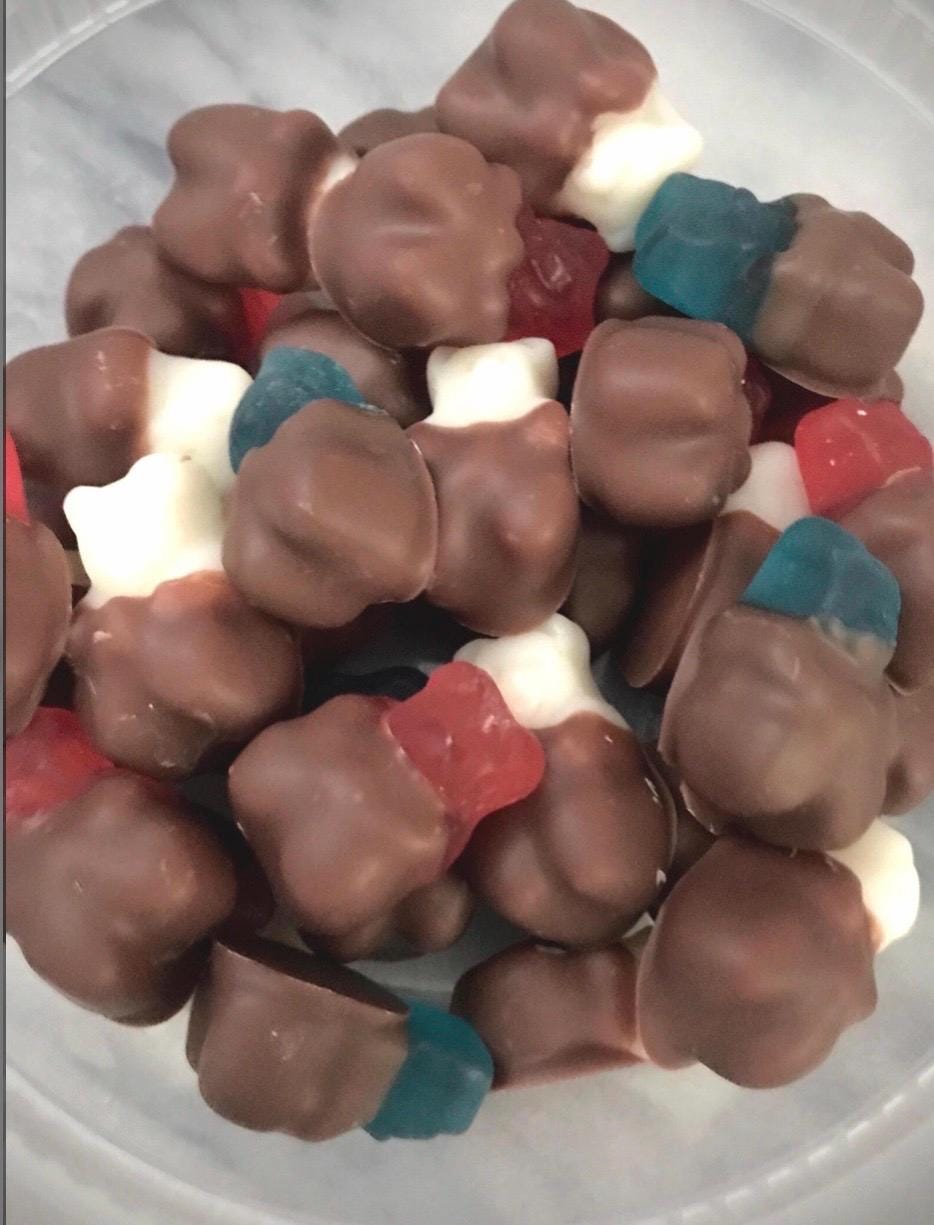 Red White Blue Chocolate Dipped Gummy Bears - Patriotic Treats