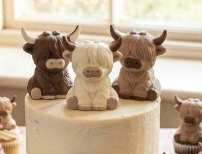 Chocolate Highland Cows | Gift Box of 6 Individually Wrapped Highland Cow Chocolates | Cow Cake and Cupcake Toppers | Farm Animal Party