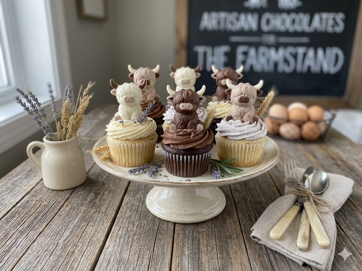 Chocolate Highland Cows | Gift Box of 6 Individually Wrapped Highland Cow Chocolates | Cow Cake and Cupcake Toppers | Farm Animal Party