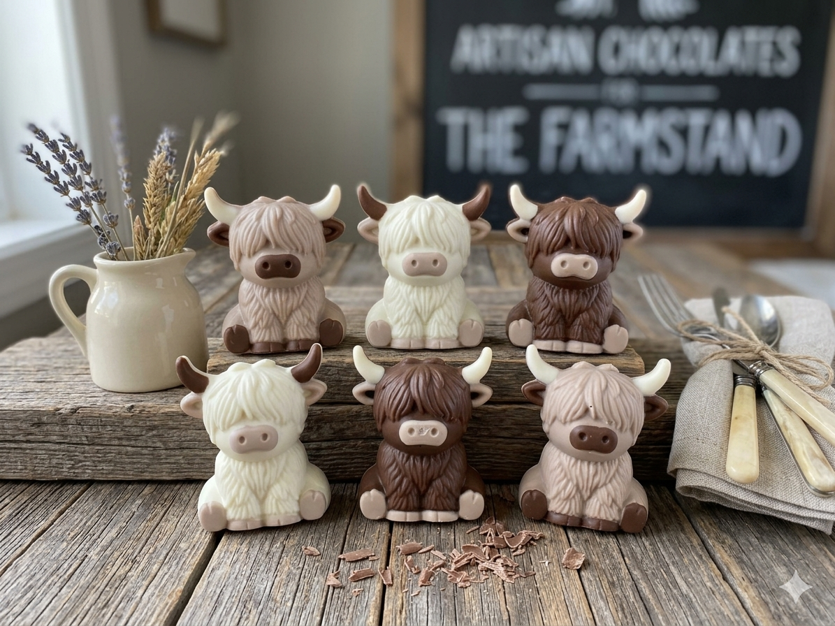 Chocolate Highland Cows | Gift Box of 6 Individually Wrapped Highland Cow Chocolates | Cow Cake and Cupcake Toppers | Farm Animal Party