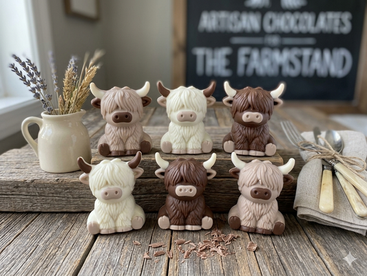 Chocolate Highland Cows | Gift Box of 6 Individually Wrapped Highland Cow Chocolates | Cow Cake and Cupcake Toppers | Farm Animal Party