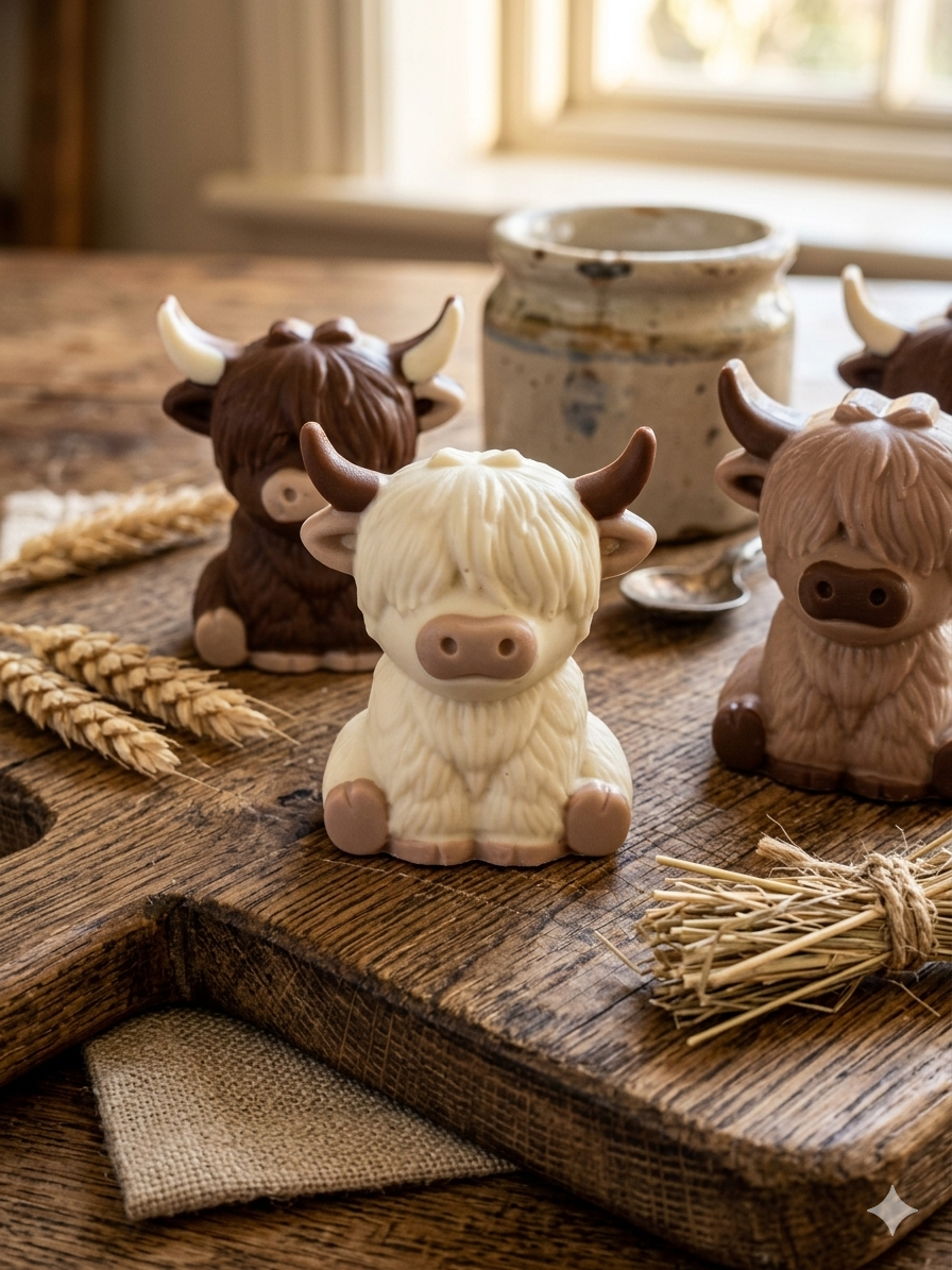 Chocolate Highland Cows | Gift Box of 6 Individually Wrapped Highland Cow Chocolates | Cow Cake and Cupcake Toppers | Farm Animal Party