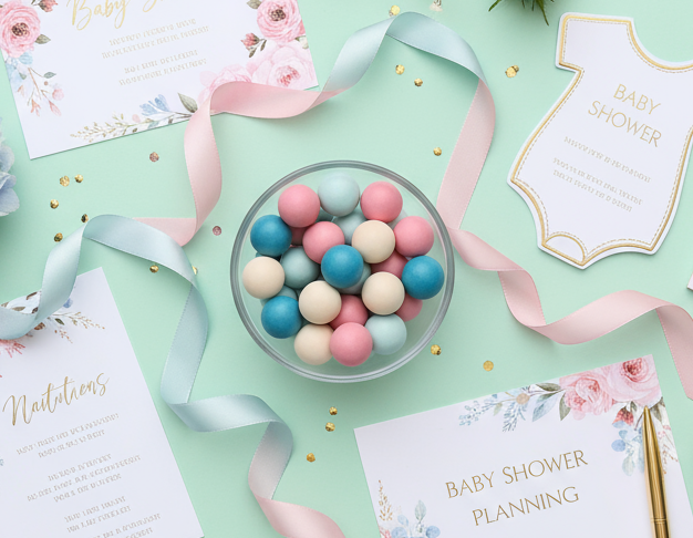 Baby Shower Chocolate Balls Flat Lay