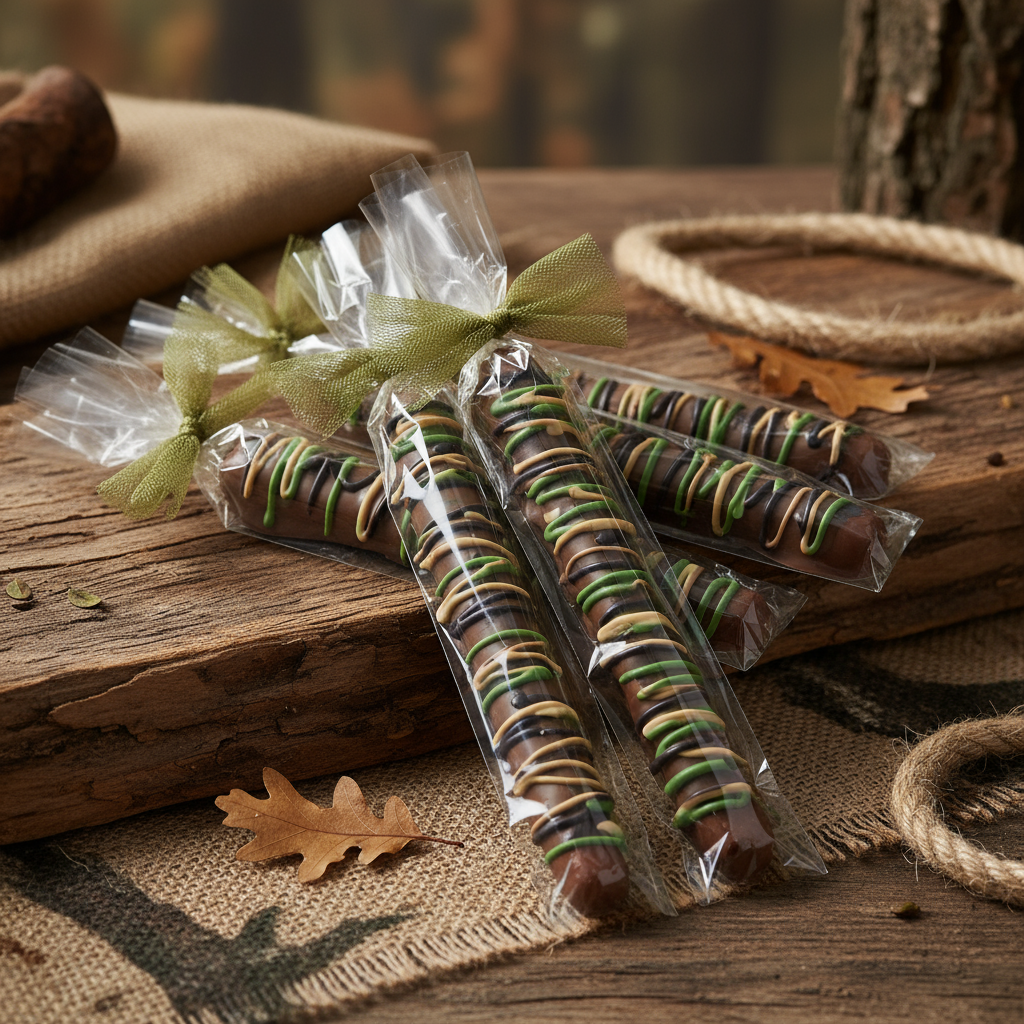 Camo Chocolate Pretzel Rods for hunting and military parties