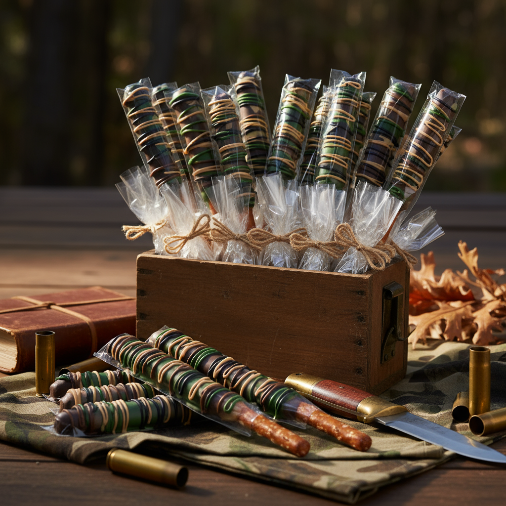 Camo Chocolate Pretzel Rods in fresh arrangement