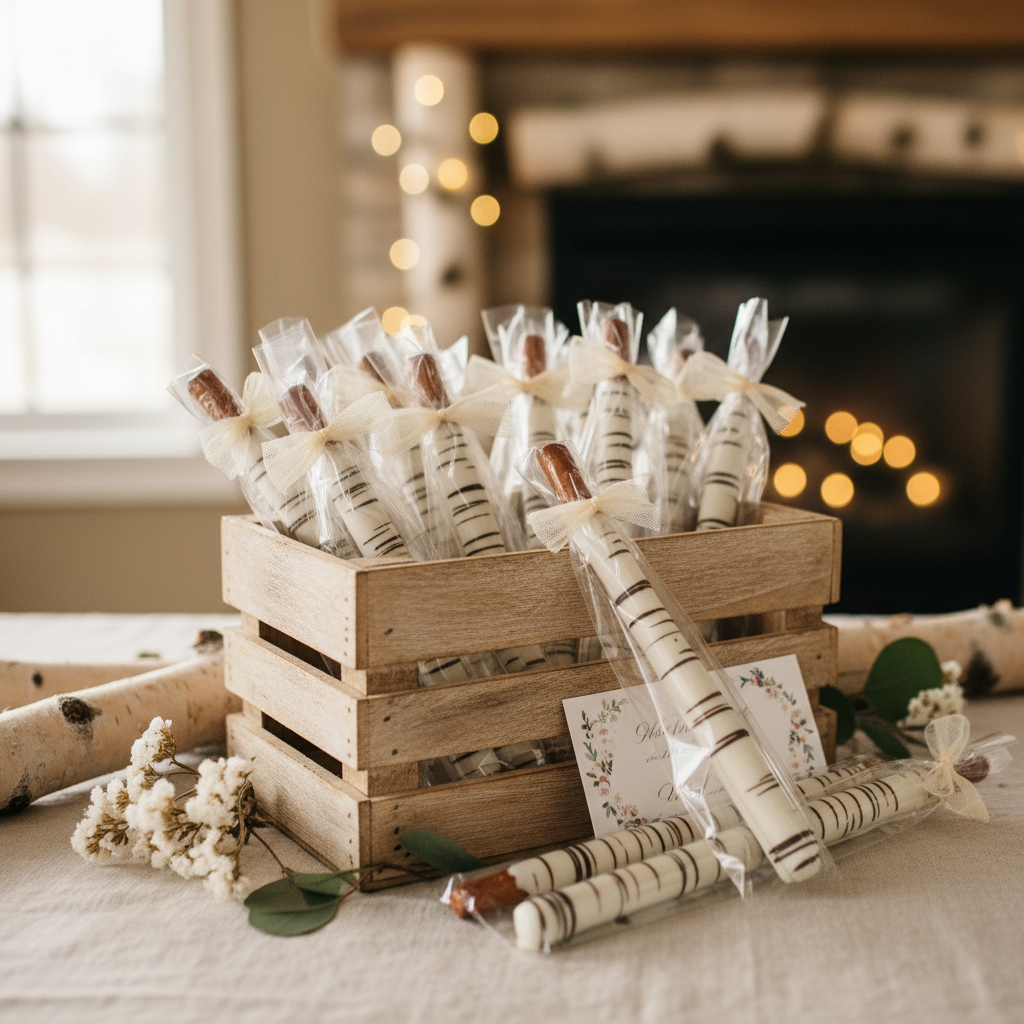 Chocolate Birch Bark Pretzel Rods for rustic weddings