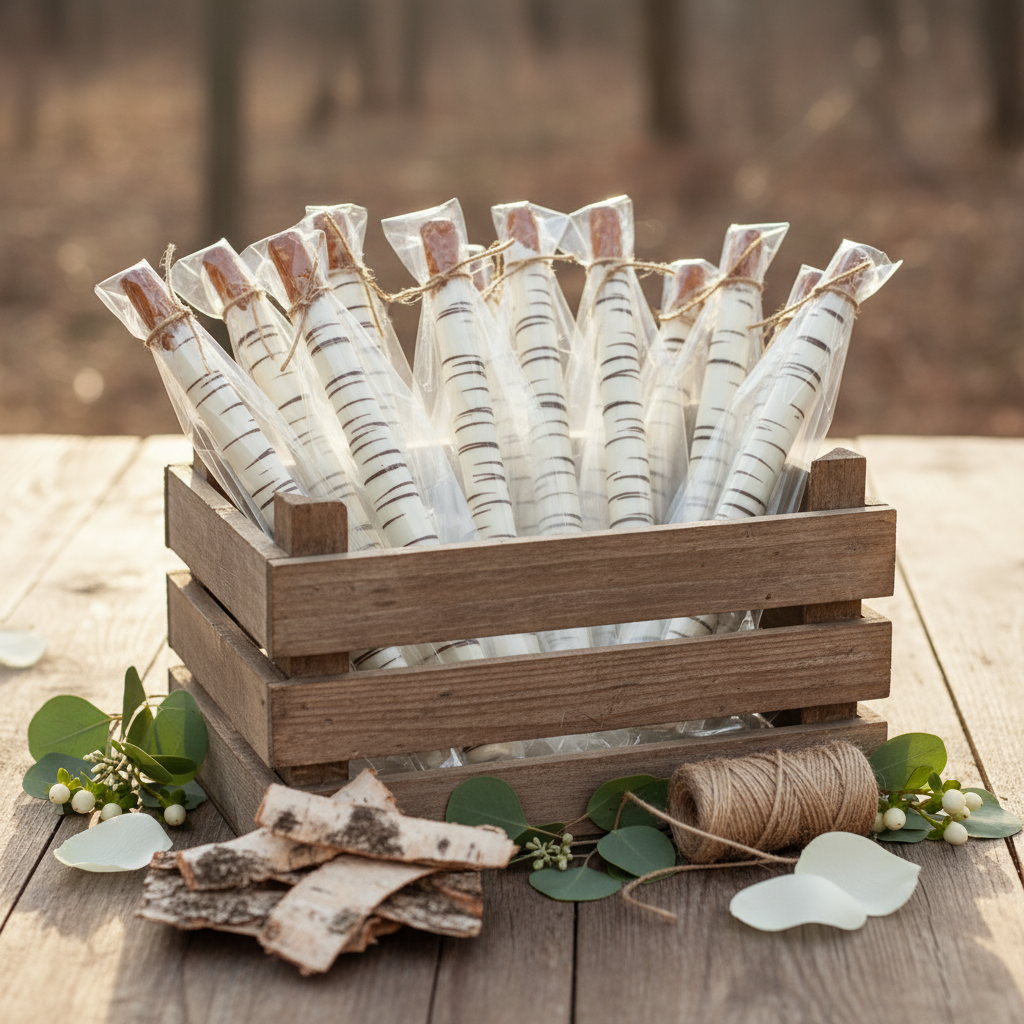 Chocolate Birch Bark Pretzel Rods in rustic crate