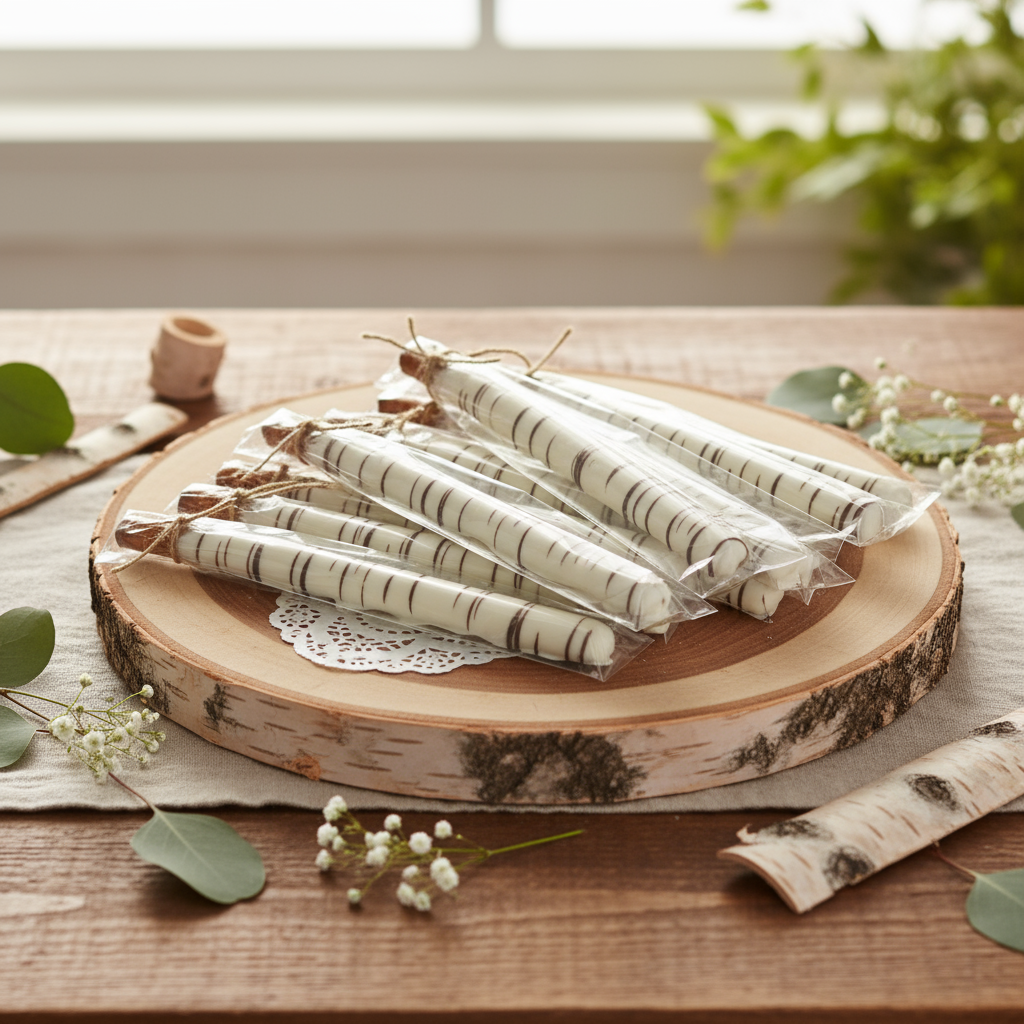 Chocolate Birch Bark Pretzel Rods with twine