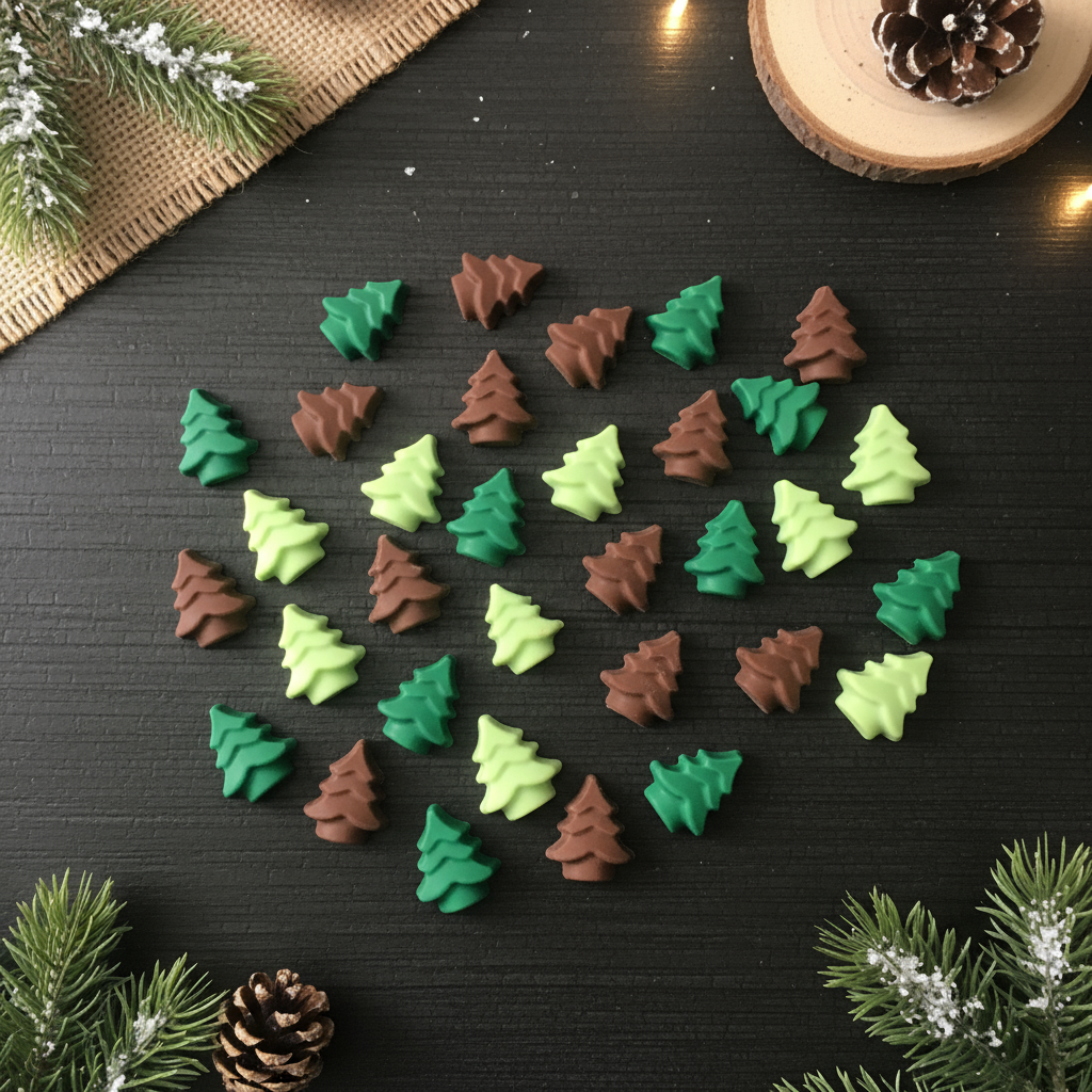 Chocolate Christmas Pine Trees laid flat with uniform shapes