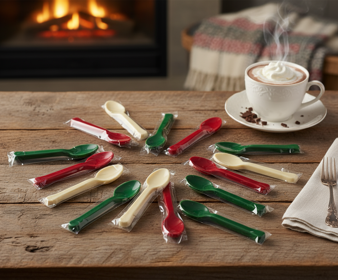 Chocolate Dessert Spoons in festive red, white, and green