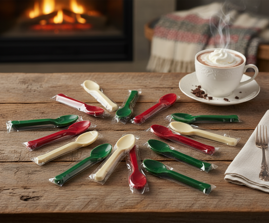 Chocolate Dessert Spoons in festive red, white, and green