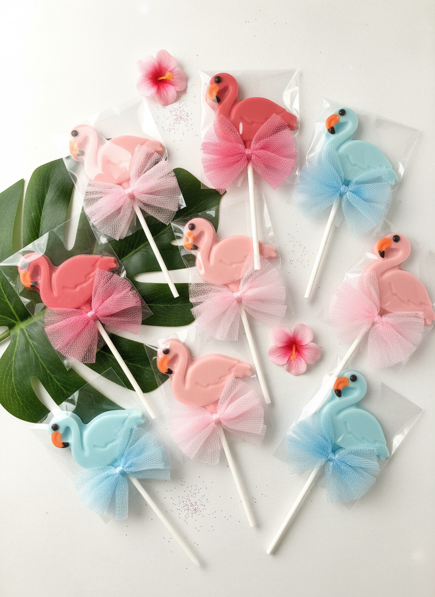 Chocolate Flamingo Suckers with bows on sticks