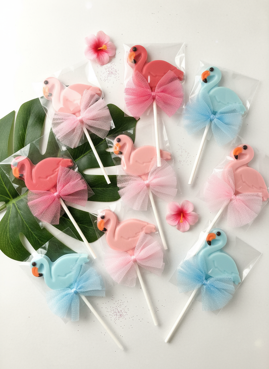 Chocolate Flamingo Suckers with bows on sticks