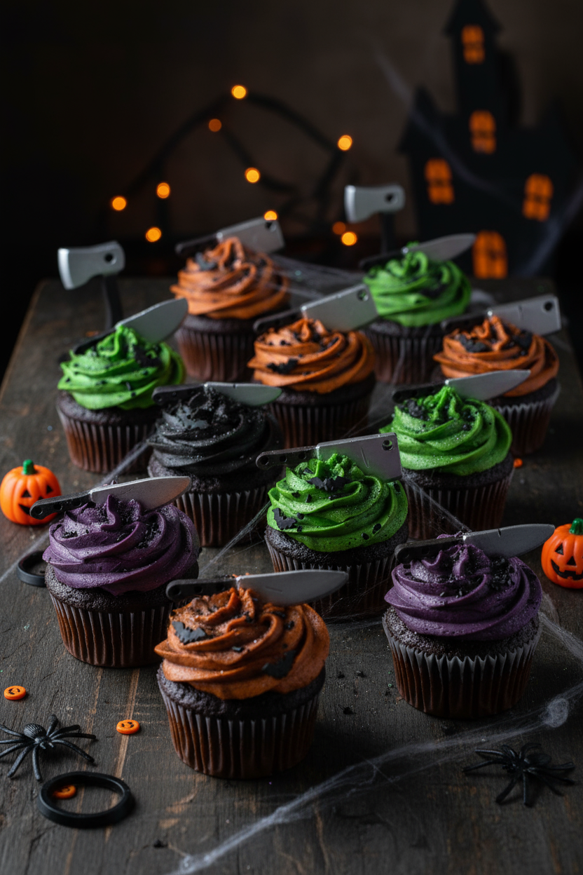 Chocolate Knives and Axes Laying on Cupcakes