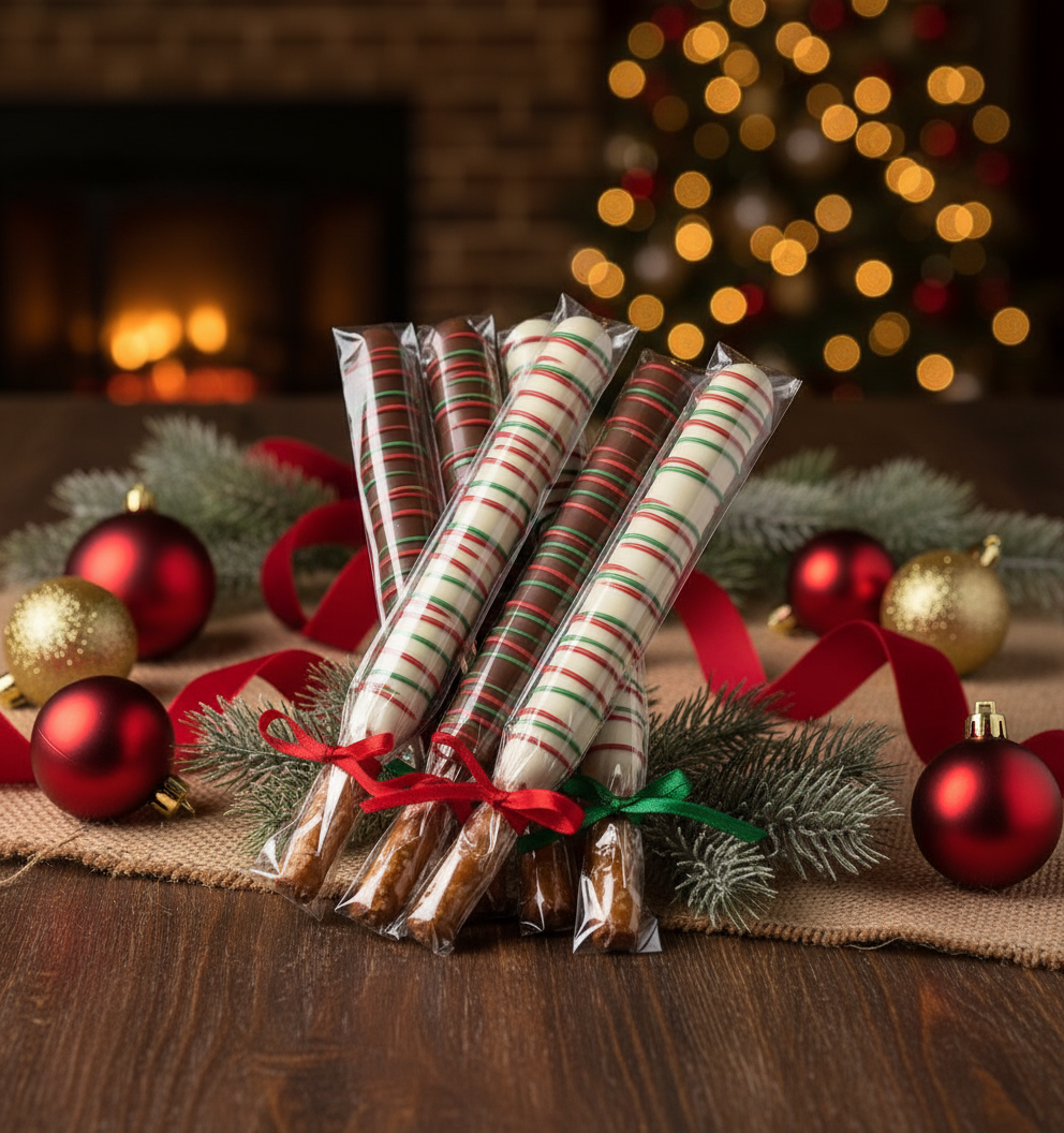 Christmas Chocolate Covered Pretzel Rods with both milk and white chocolate
