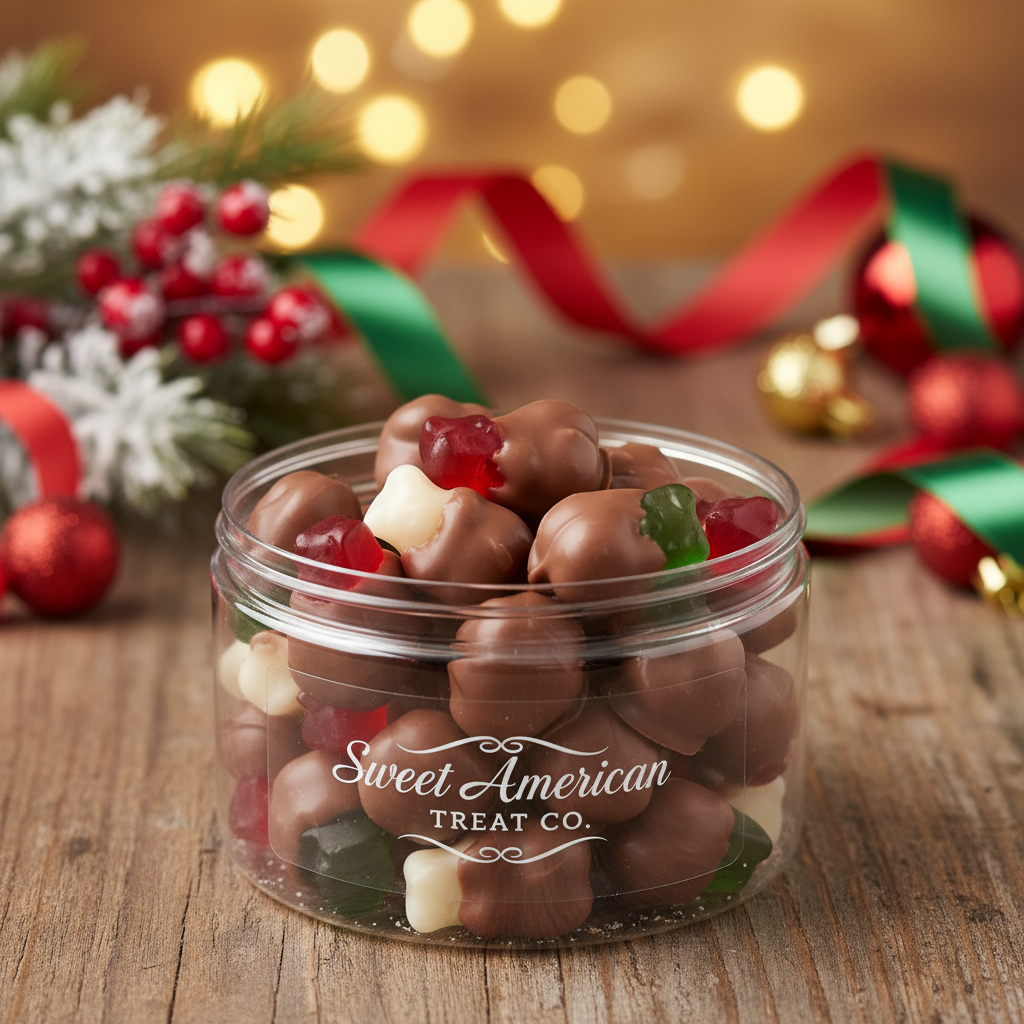 Christmas Chocolate Dipped Gummy Bears in festive setting