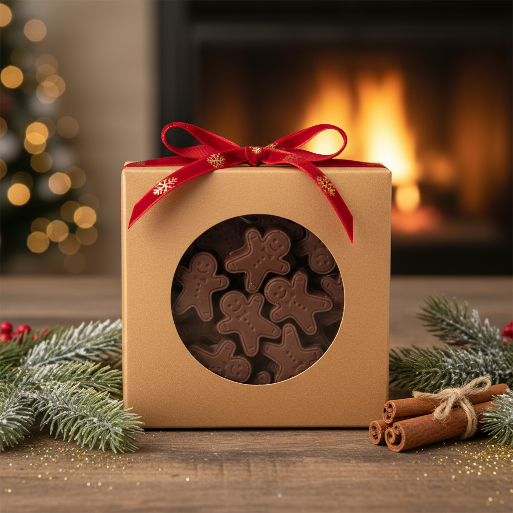 Gingerbread Man Chocolates in festive holiday setting