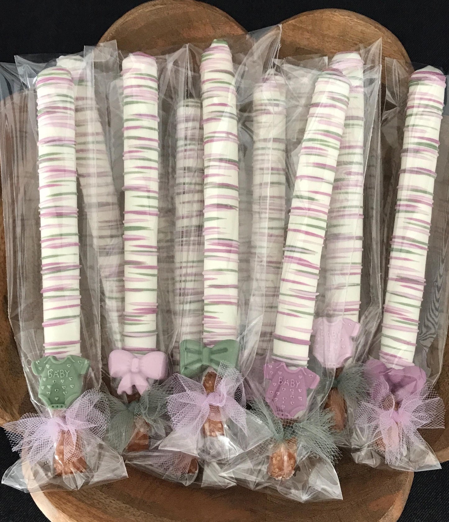Lavender and Sage Chocolate Covered Pretzel Rods | Baby Shower Pretzel Rods | Baby Shower Favors | No Flat Back on our Pretzels