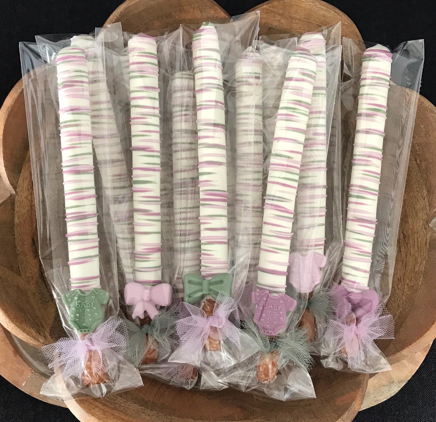 Lavender and Sage Chocolate Covered Pretzel Rods | Baby Shower Pretzel Rods | Baby Shower Favors | No Flat Back on our Pretzels