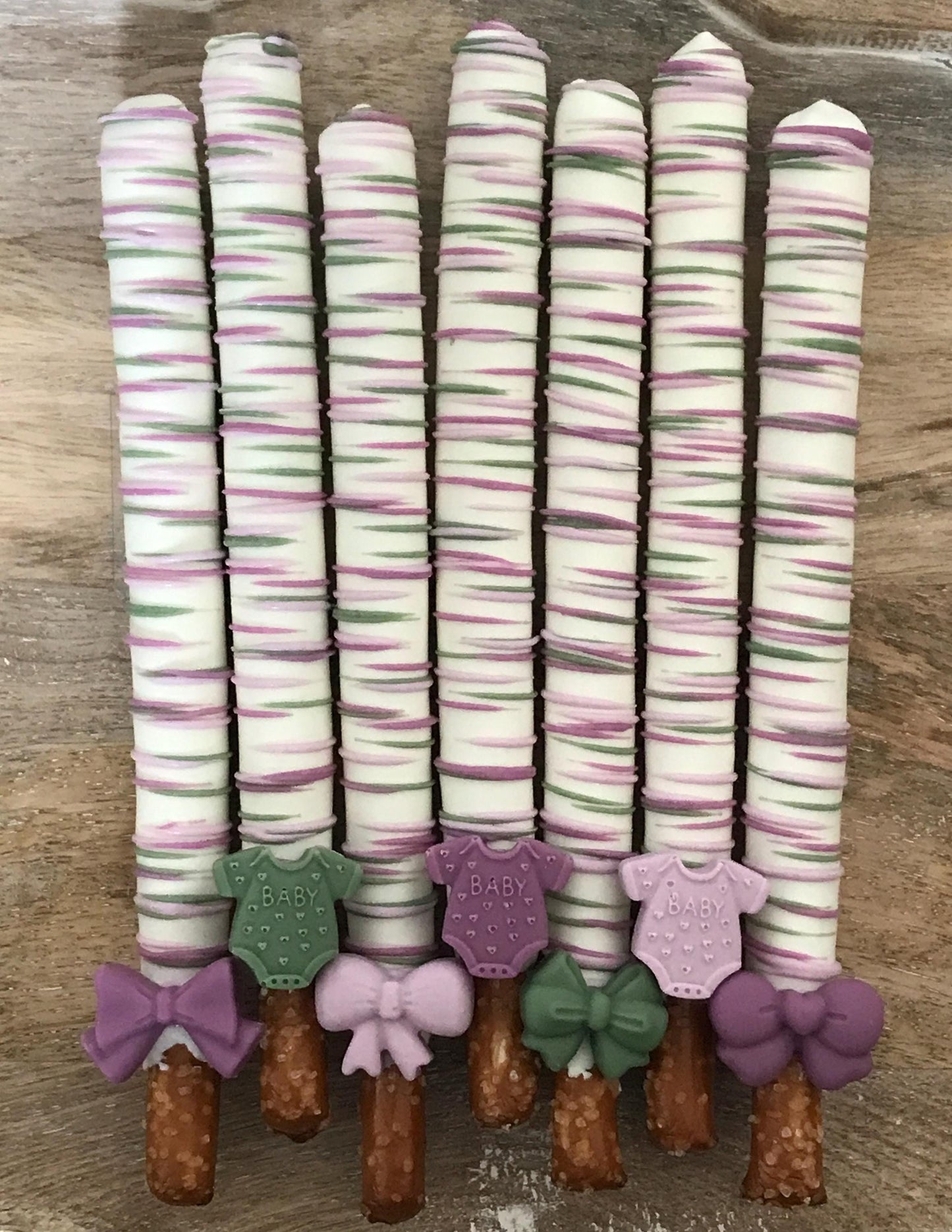 Lavender and Sage Chocolate Covered Pretzel Rods | Baby Shower Pretzel Rods | Baby Shower Favors | No Flat Back on our Pretzels