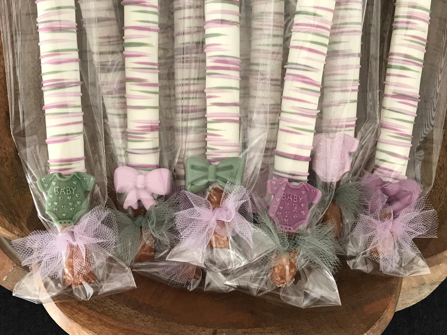 Lavender and Sage Chocolate Covered Pretzel Rods | Baby Shower Pretzel Rods | Baby Shower Favors | No Flat Back on our Pretzels