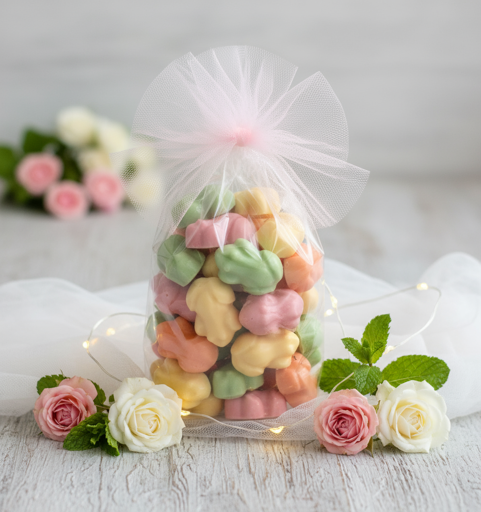 Pastel Chocolate Frogs in elegant cellophane bag with tulle bow