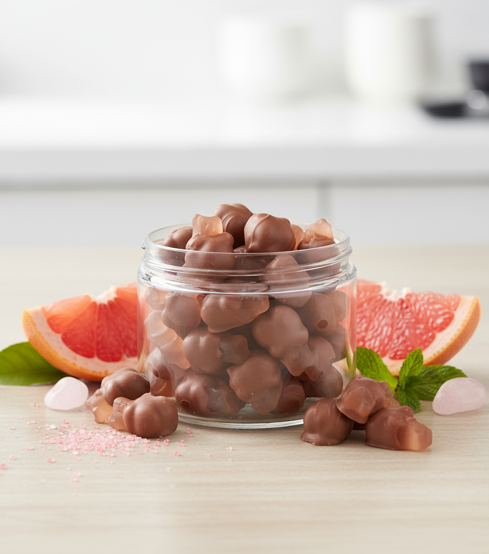 Pink Grapefruit Chocolate Dipped Gummy Bears in elegant setting