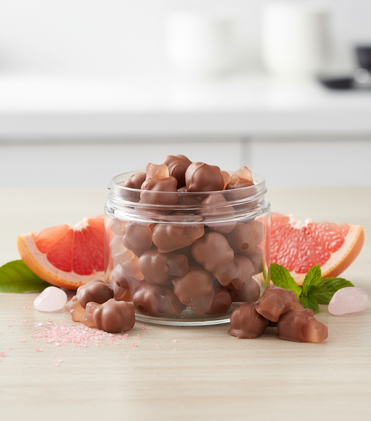 Pink Grapefruit Chocolate Dipped Gummy Bears in elegant setting