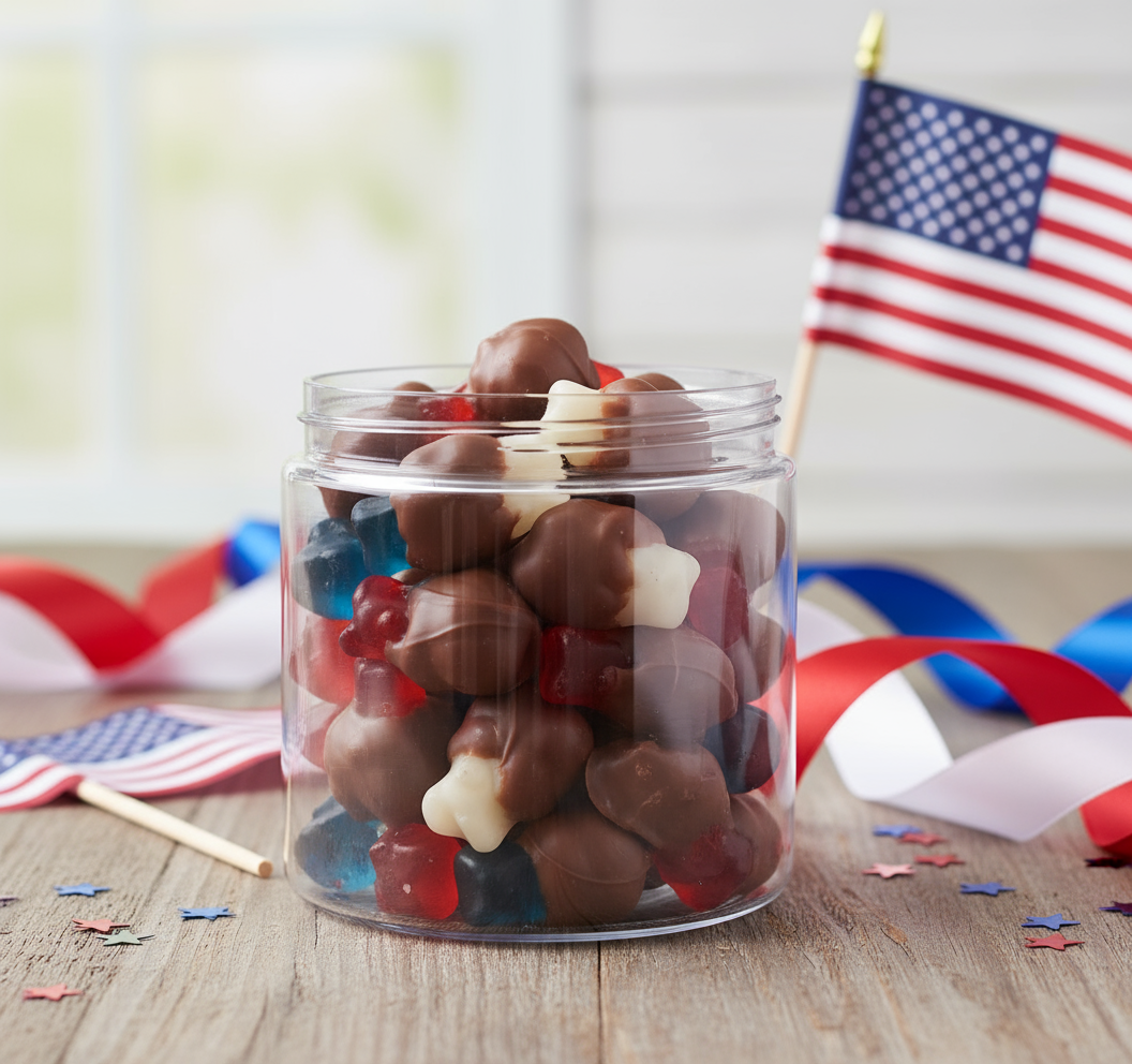 Red White and Blue Chocolate Dipped Gummy Bears in patriotic setting